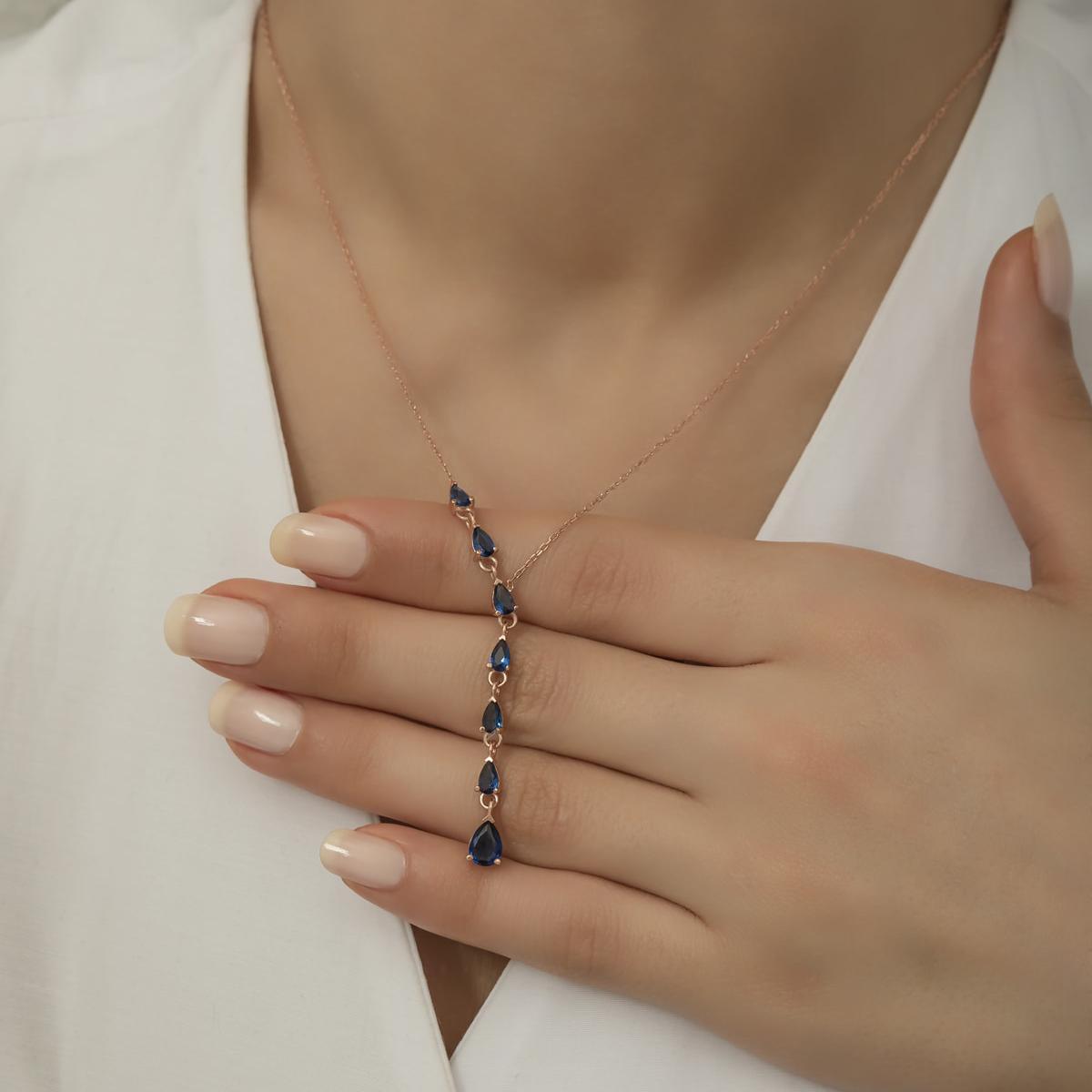 Teardrop Y-Shaped Blue Sapphire Necklace • Teardrop Sapphire Necklace - Trending Silver Gifts
