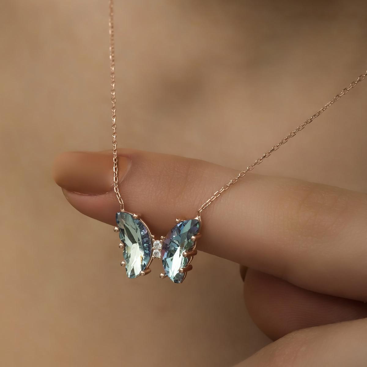 Blue Aquamarine Butterfly Necklace • Aquamarine Birthstone Necklace - Trending Silver Gifts