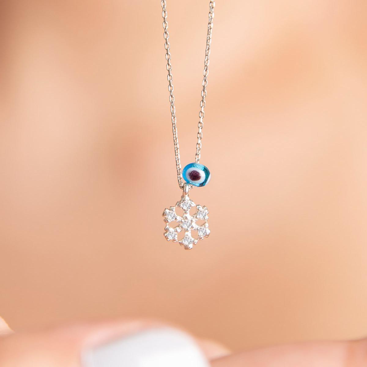 Snowflake Necklace Diamond Evil Eye • Real Evil Eye Necklace - Trending Silver Gifts