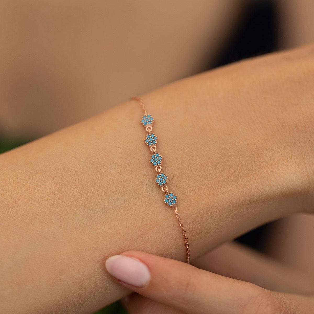 Turquoise Daisy Silver Bracelet • Turquoise Stone Silver Bracelet - Trending Silver Gifts
