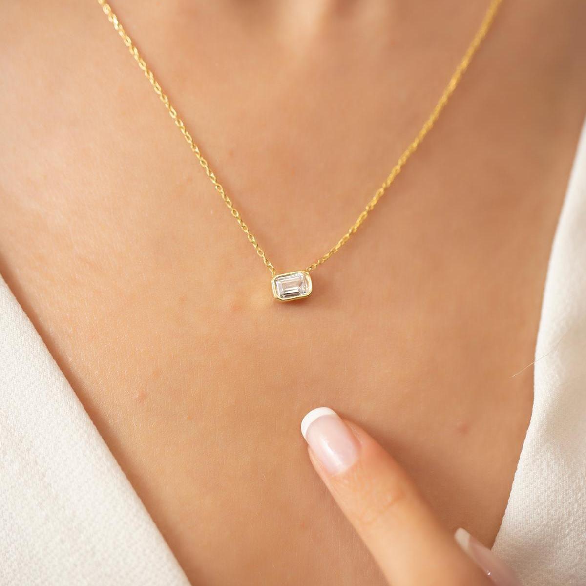 Diamond Baguette Necklace ¥ Solitaire Diamond Pendant Necklace - Trending Silver Gifts