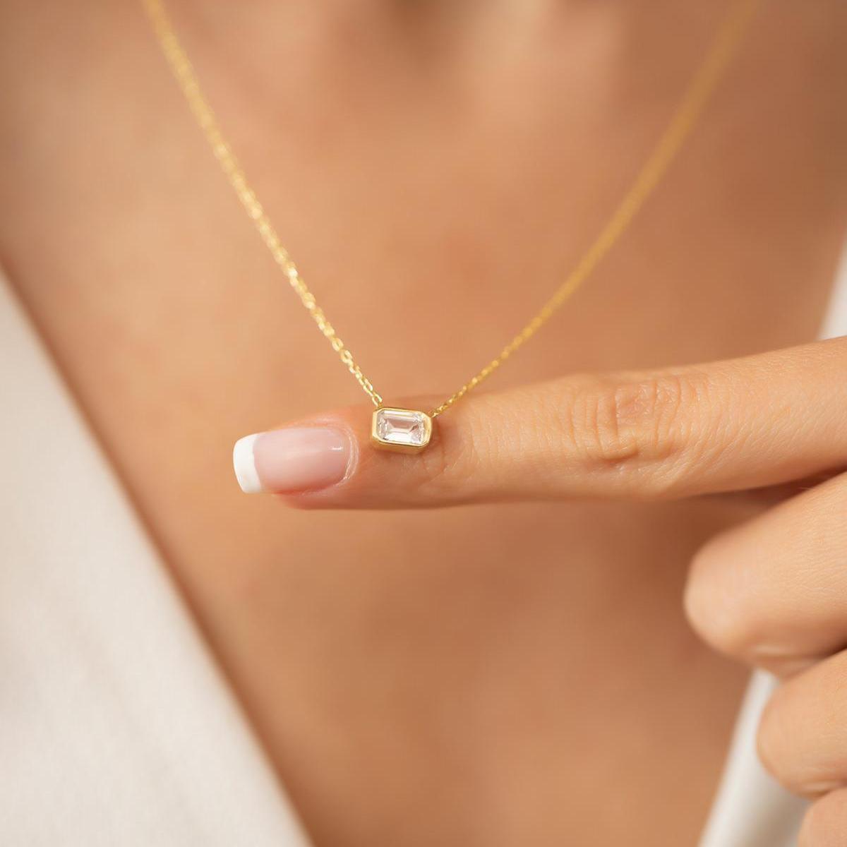 Diamond Baguette Necklace ¥ Solitaire Diamond Pendant Necklace - Trending Silver Gifts