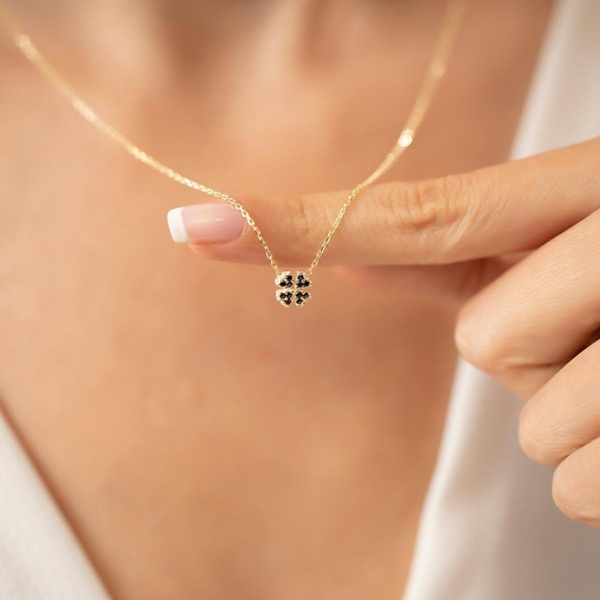 Black Clover Necklace • Clover Leaf Necklace • Black Zirconia Necklace - Trending Silver Gifts