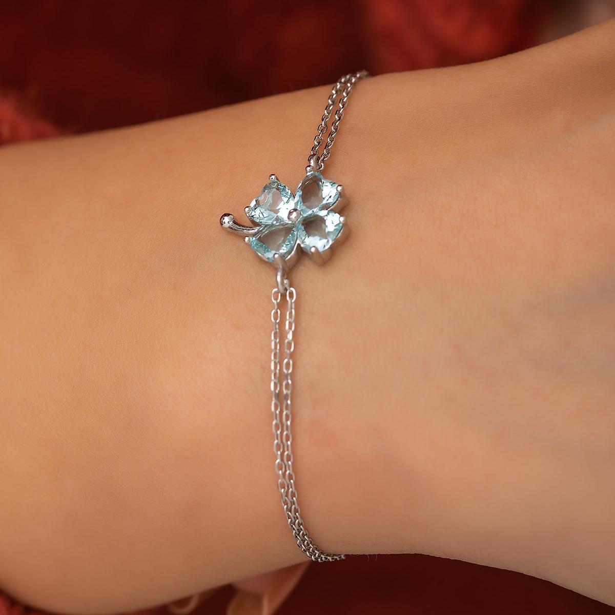 Blue Aquamarine Four Leaf Clover Bracelet • March Birthstone Bracelet - Trending Silver Gifts