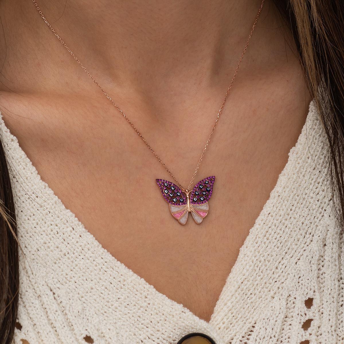 Pink Butterfly Pendant Necklace • Butterfly Evil Eye Necklace - Trending Silver Gifts