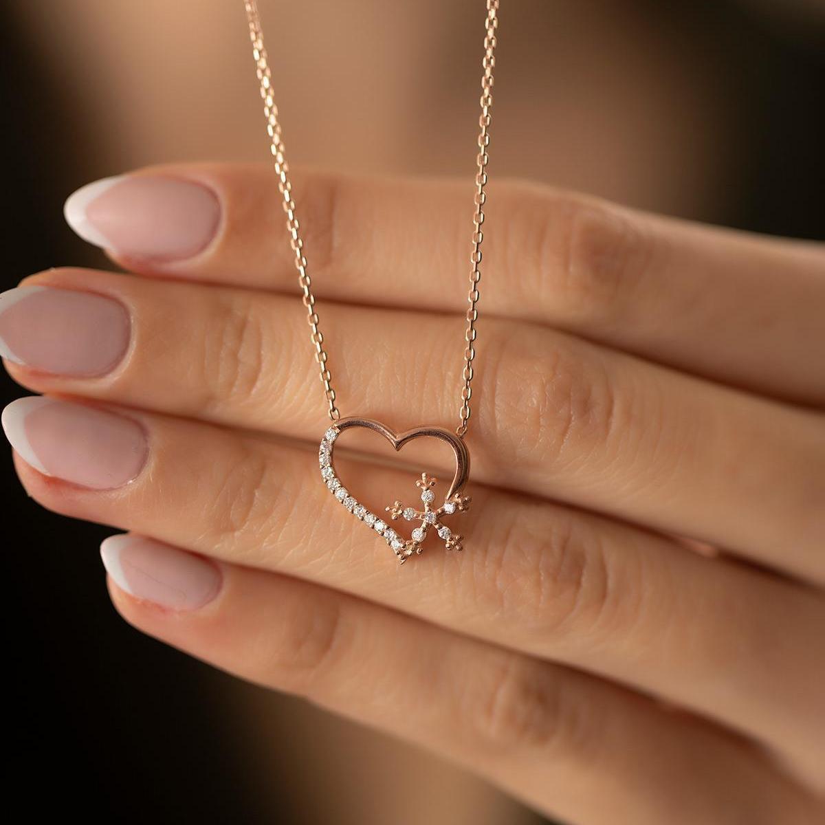 Heart Necklace Diamond • Snowflake Necklace Diamond • 925 Cz Necklace - Trending Silver Gifts