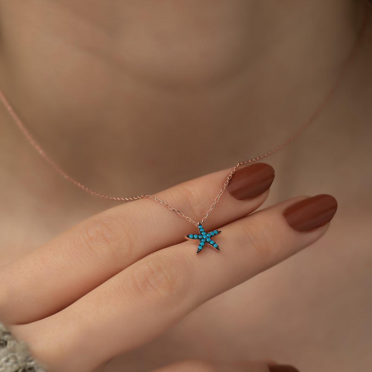 Tiny Turquoise Starfish Necklace • Tiny Starfish Turquoise Pendant - Trending Silver Gifts