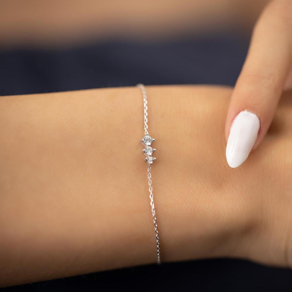 Triple Diamond Solitaire Silver Bracelet • Bridesmaid Gift For Wedding - Trending Silver Gifts