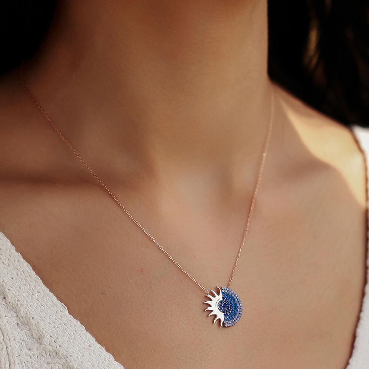 Sunshine Necklace • Blue Gemstone Necklace • Sunburst Diamond Necklace - Trending Silver Gifts