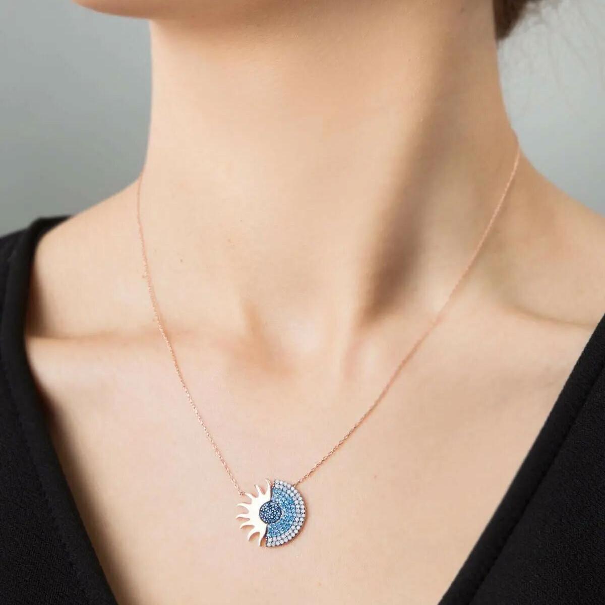 Sunshine Necklace • Blue Gemstone Necklace • Sunburst Diamond Necklace - Trending Silver Gifts