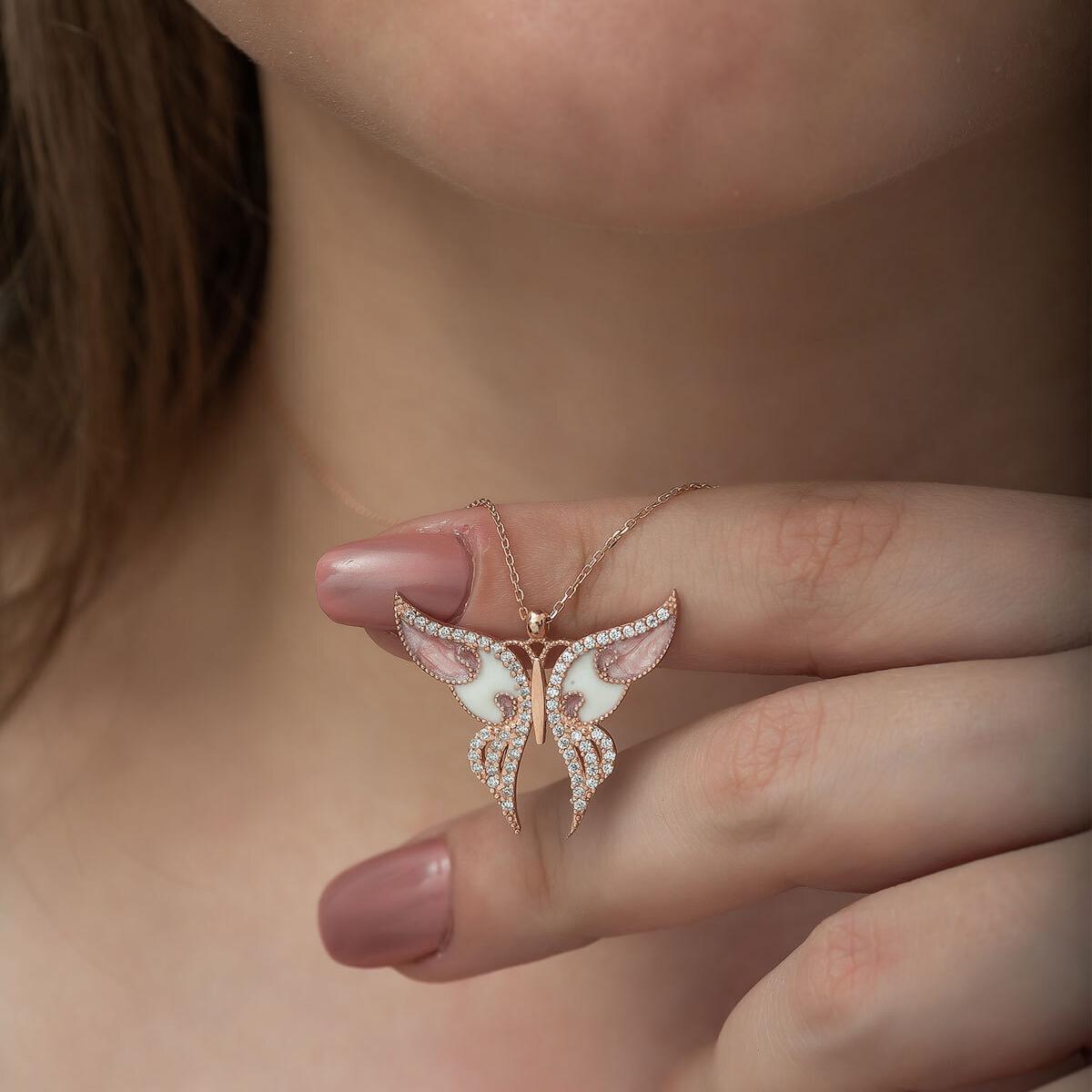 White Butterfly Diamond Necklace • Butterfly Cream Pendant Necklace - Trending Silver Gifts