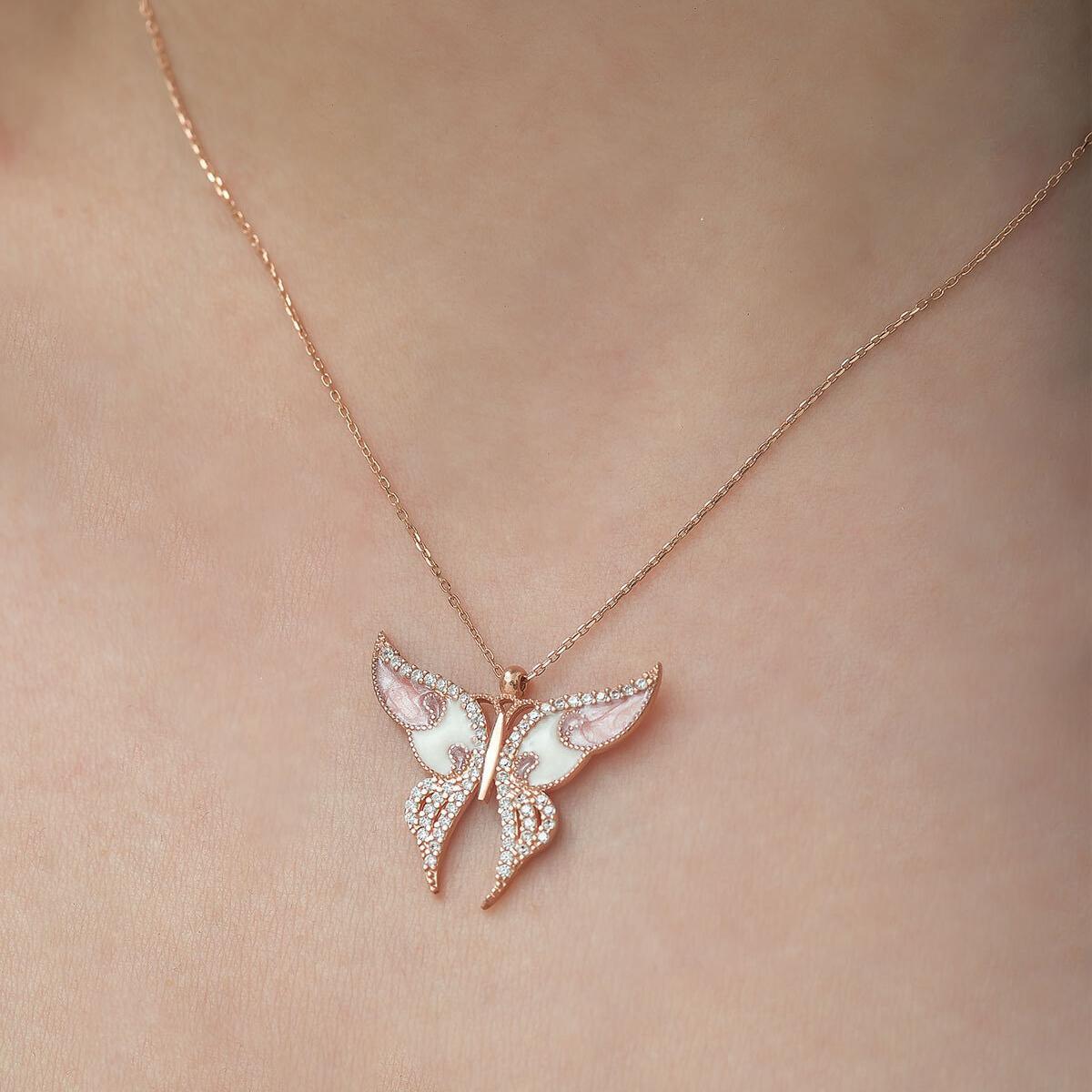 White Butterfly Diamond Necklace • Butterfly Cream Pendant Necklace - Trending Silver Gifts