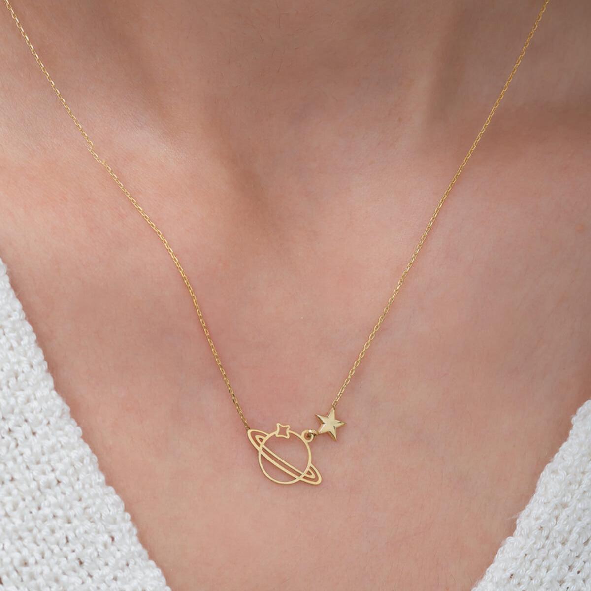 Gold Planet Necklace • Saturn Pendant Necklace • Nana Saturn Necklace - Trending Silver Gifts