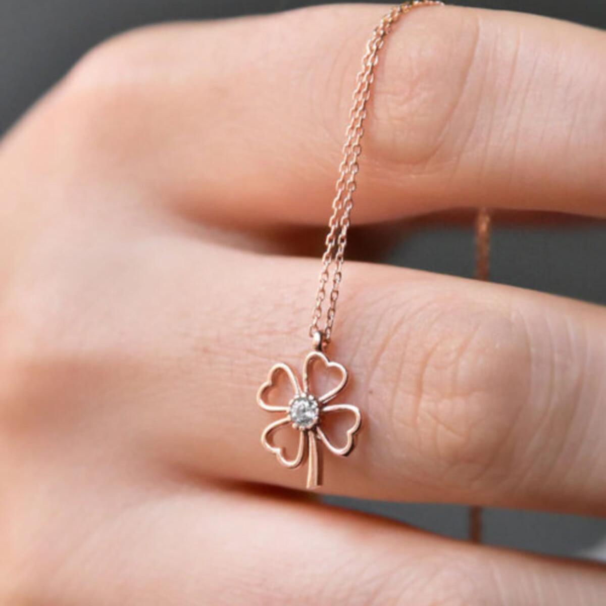 Clover Diamond Necklace • Four Leaf Clover Solitaire Necklace - Trending Silver Gifts