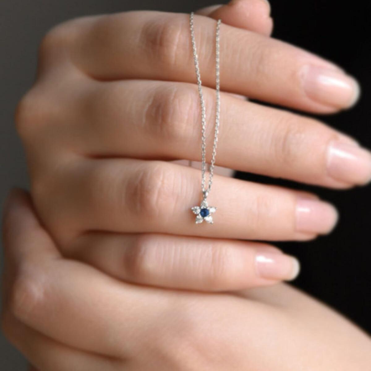 Tiny Star Blue Diamond Necklace • Tiny Flower Blue Diamond Necklace - Trending Silver Gifts