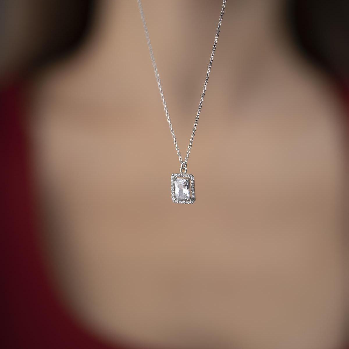 Diamond Baguette Zircon Necklace • Solitaire Diamond Pendant Necklace - Trending Silver Gifts