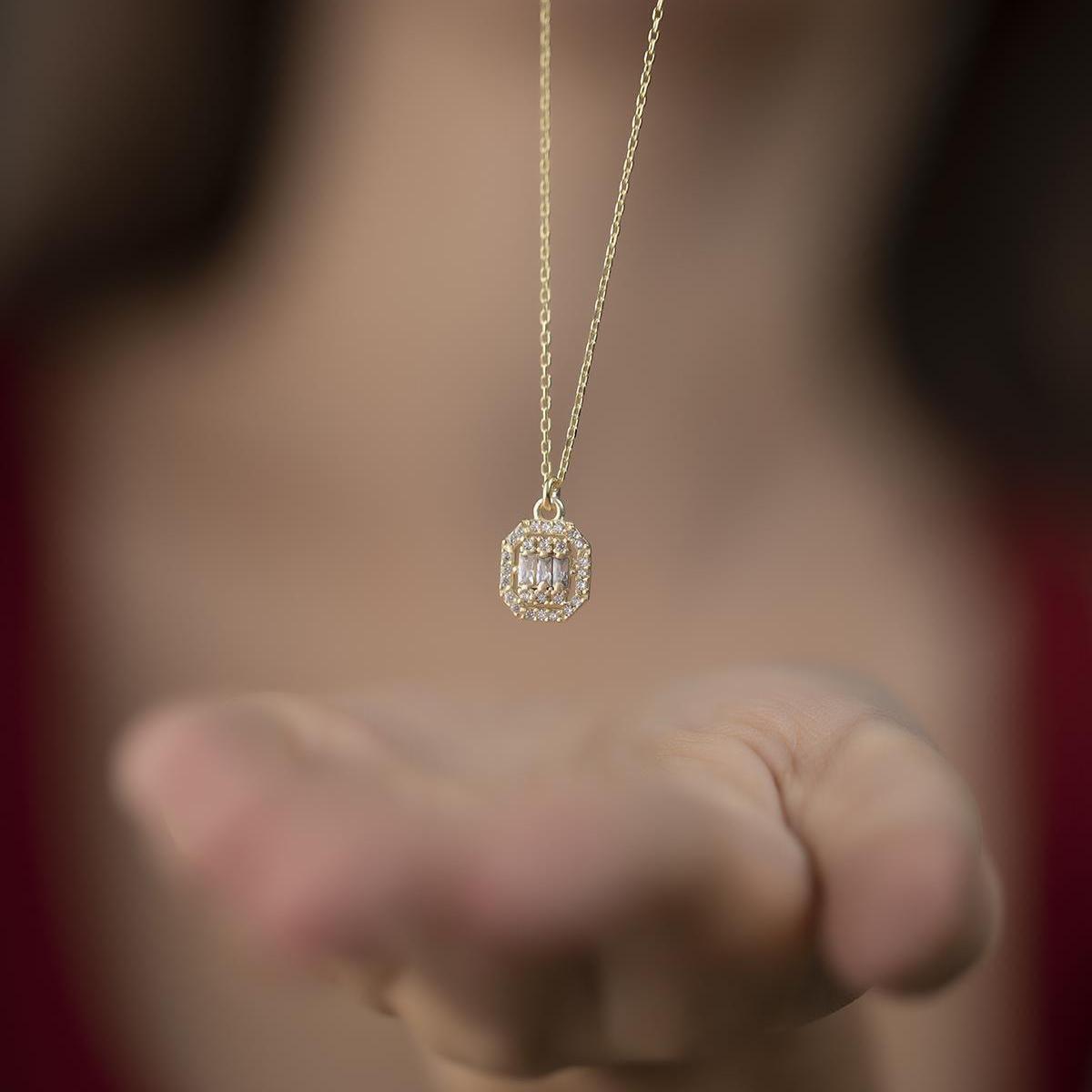 Diamond Baguette Gold Zircon Necklace • Solitaire Diamond Gold Pendant - Trending Silver Gifts