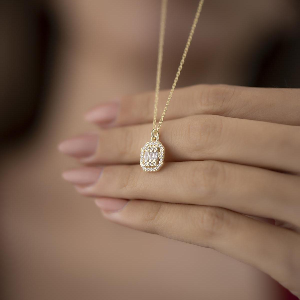 Diamond Baguette Gold Zircon Necklace • Solitaire Diamond Gold Pendant - Trending Silver Gifts