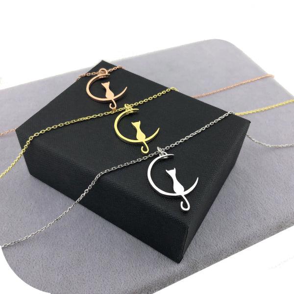 Cat Moon Necklace • Gifts for Cat Lovers • Necklace with Cat Pendant - Trending Silver Gifts