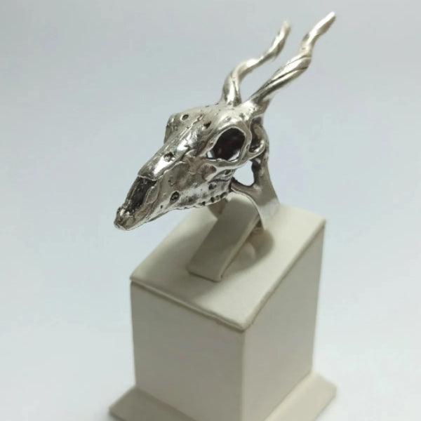 Silver Deer Skull With Horn Ring • Animal Caribou Stackable Ring - Trending Silver Gifts