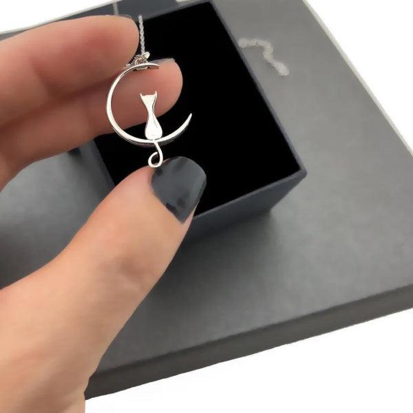 Cat Moon Necklace • Gifts for Cat Lovers • Necklace with Cat Pendant - Trending Silver Gifts