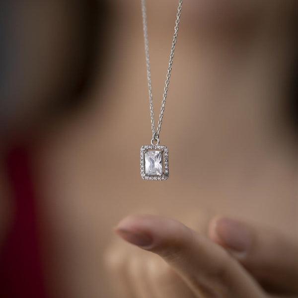 Diamond Baguette Necklace • Baguette Pendant Necklace, Zircon Necklace - Trending Silver Gifts