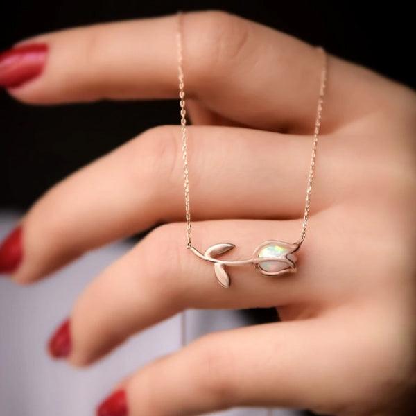 Tulip Fire Opal Necklace • October Birthstone Necklace Gold - Trending Silver Gifts