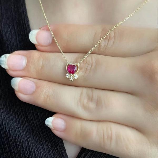 Gold Heart Garnet Gemstone Necklace • Dainty Ruby Birthstone Necklace - Trending Silver Gifts