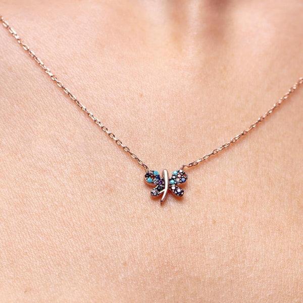 Tiny Butterfly Colorful Diamond Necklace • Butterfly Necklace Silver - Trending Silver Gifts