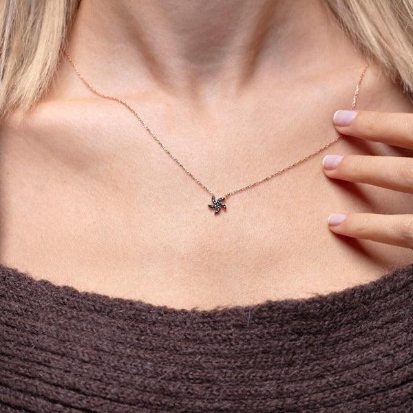 Minimalist Black Cubic Zirconia Necklace • Tiny Starfish Necklace - Trending Silver Gifts