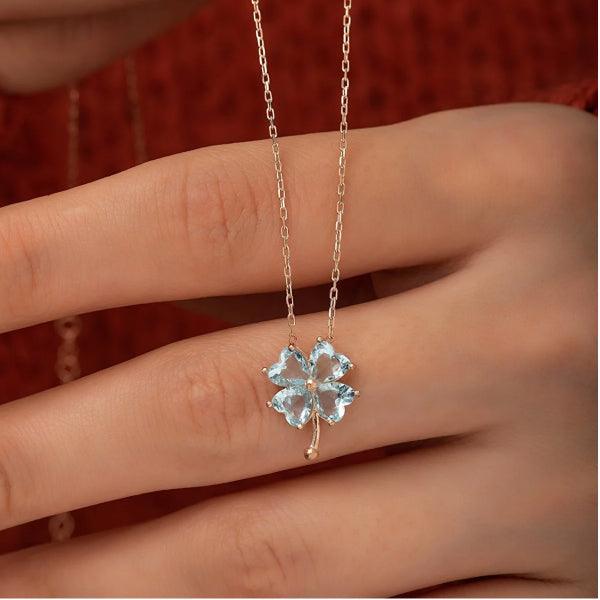 Clover Leaf Aquamarine Necklace • Aquamarine Birthstone Necklace - Trending Silver Gifts
