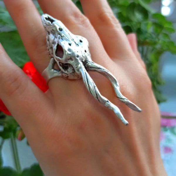 Silver Deer Skull With Horn Ring • Animal Caribou Stackable Ring - Trending Silver Gifts