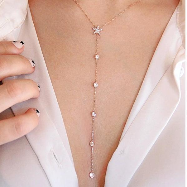 Layered Diamond Rose Necklace • Dangle Diamond Necklace, Star Necklace - Trending Silver Gifts