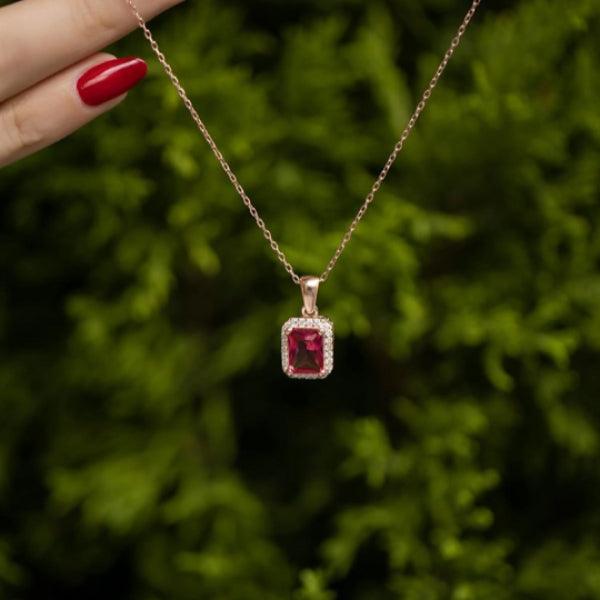 Red Baguette Gemstone Necklace • Ruby Charm Baguette Necklace - Trending Silver Gifts