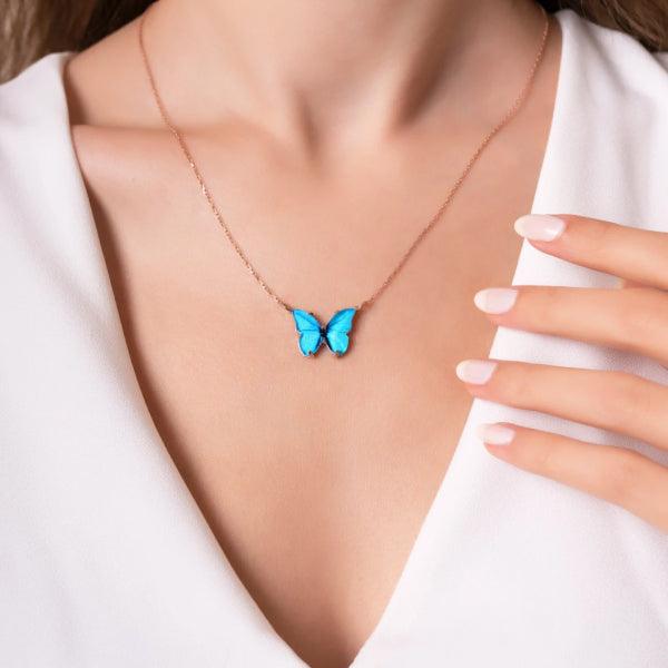925 Sterling Silver Rose Gold Enameled Blue Butterfly Necklace - Trending Silver Gifts