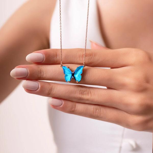 925 Sterling Silver Rose Gold Enameled Blue Butterfly Necklace - Trending Silver Gifts