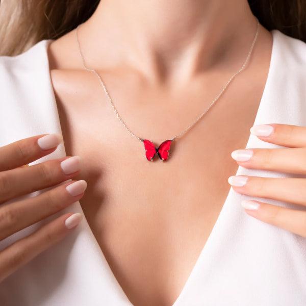 925 Sterling Silver Enameled Red Butterfly Necklace • Gift For Her - Trending Silver Gifts