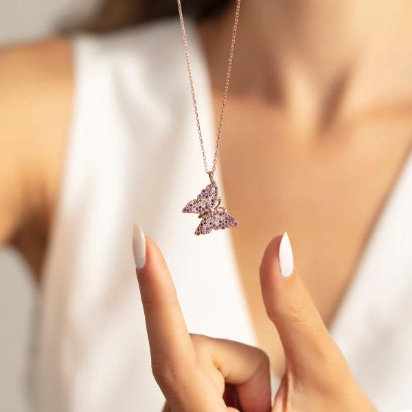 925 Sterling Silver Butterfly Necklace In Pink And White Colour - Trending Silver Gifts